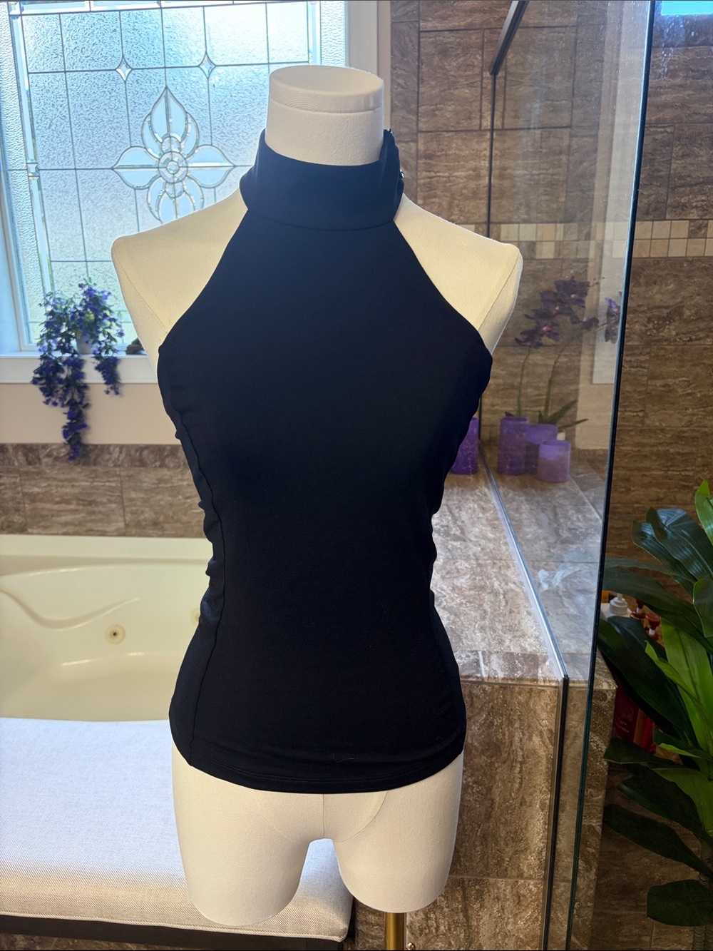 bebe Black High Neck Halter Tank